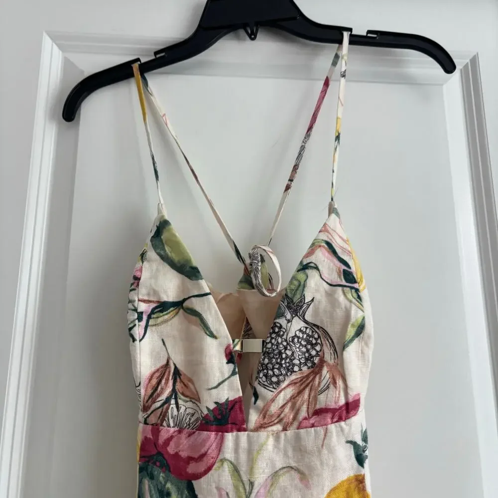 NWT Abercrombie & Fitch Premium Linen Cutout Midi Dress Vegetable Print Medium